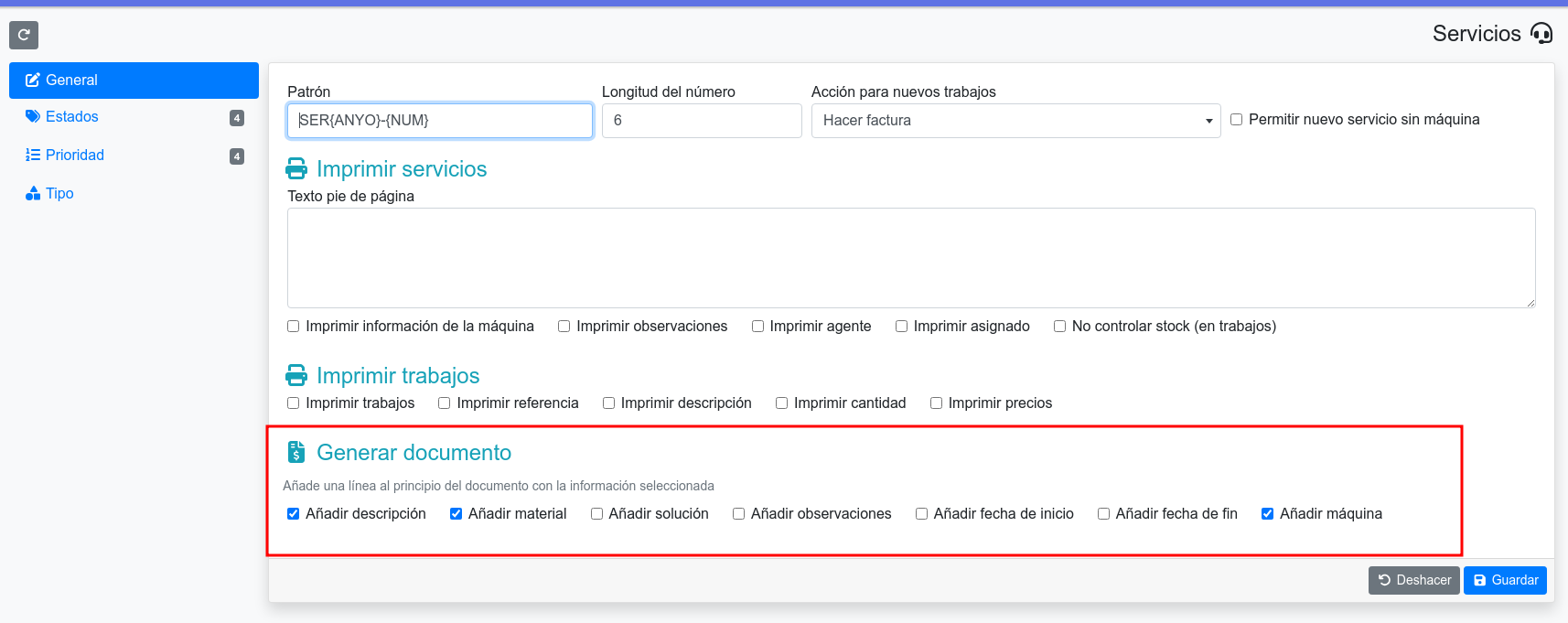 configuración servicios