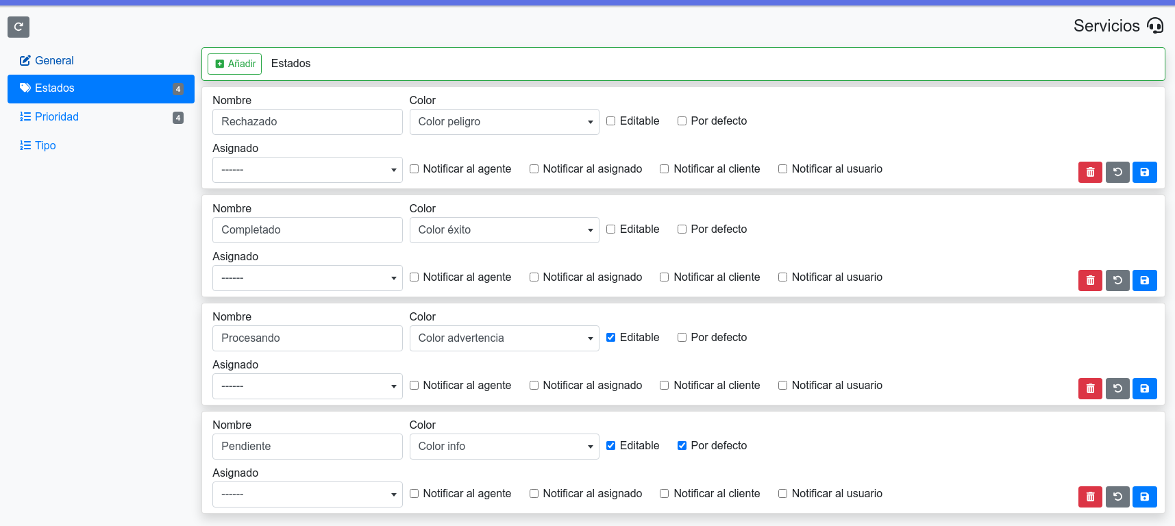 lista de estados de los servicios