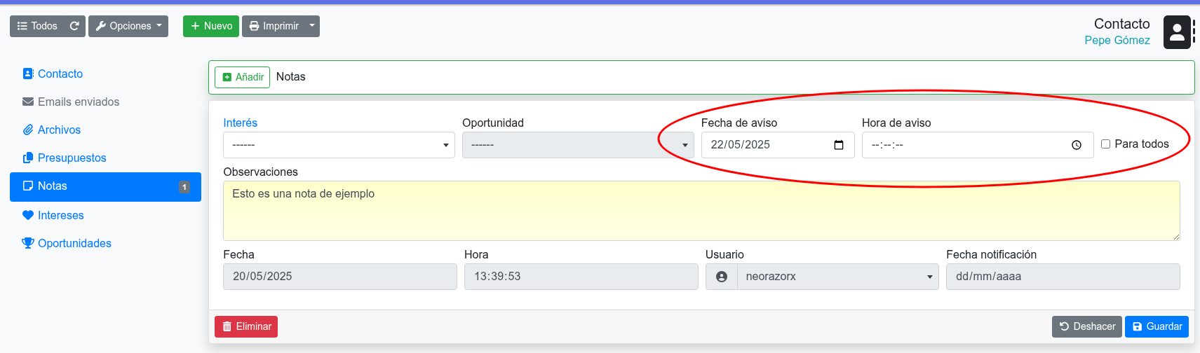 poner fecha aviso recordatorio nota