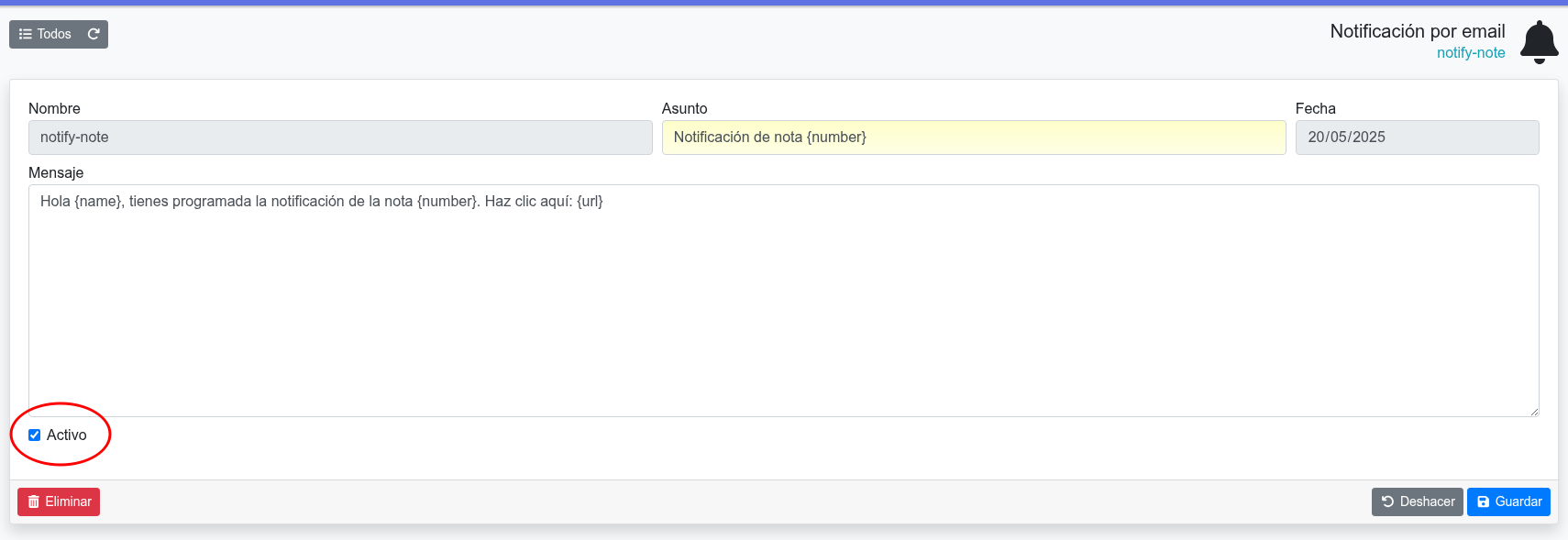 editar texto notificación recordatorio CRM