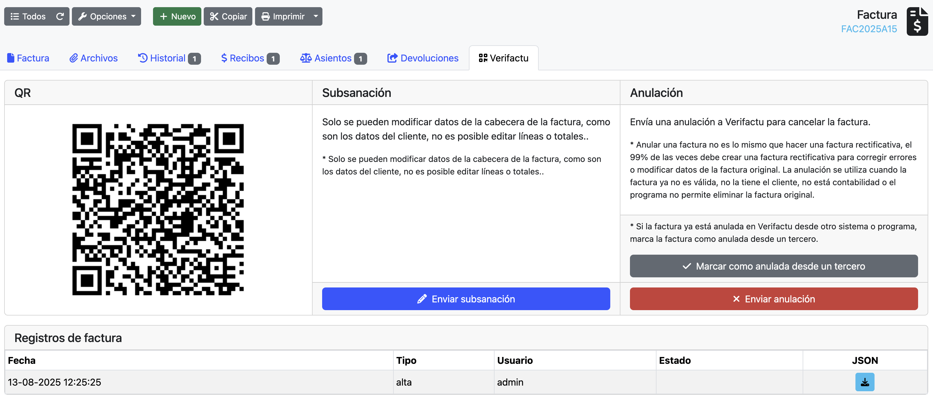 Opciones factura enviada a verifactu