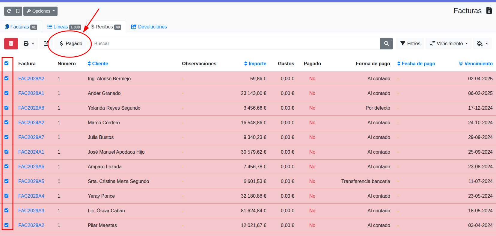marcar recibo pagado