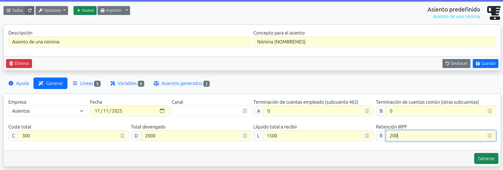 generar asiento predefinido