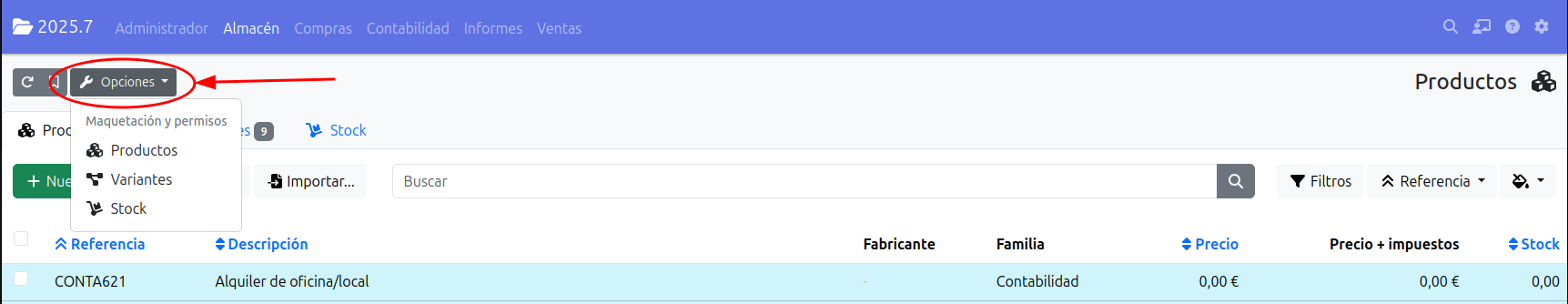 botón opciones, maquetación y permisos