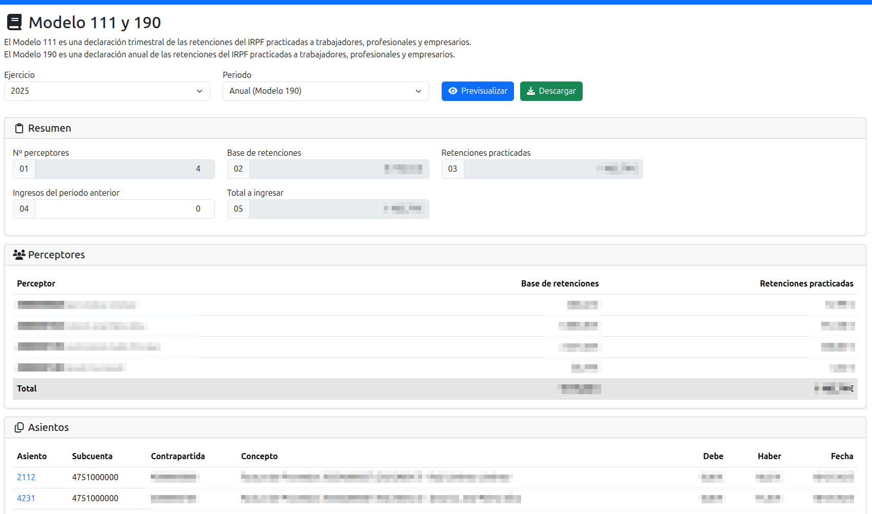 lista perceptores retenciones modelo 111