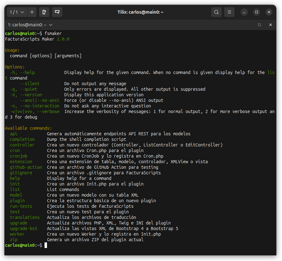 ejecución del comando con Symfony Console