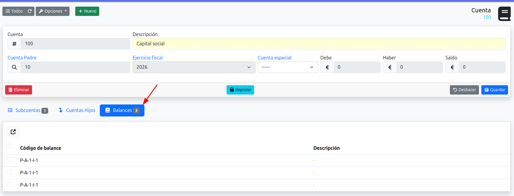 códigos de balance enlazados con una cuenta contable