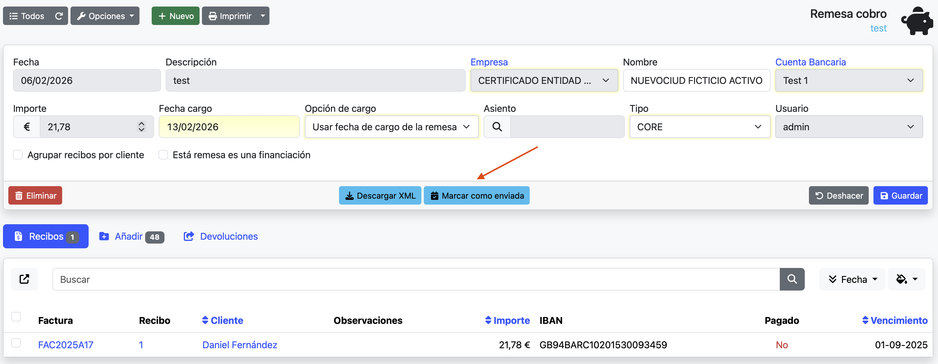 marcar remesa como enviada al banco