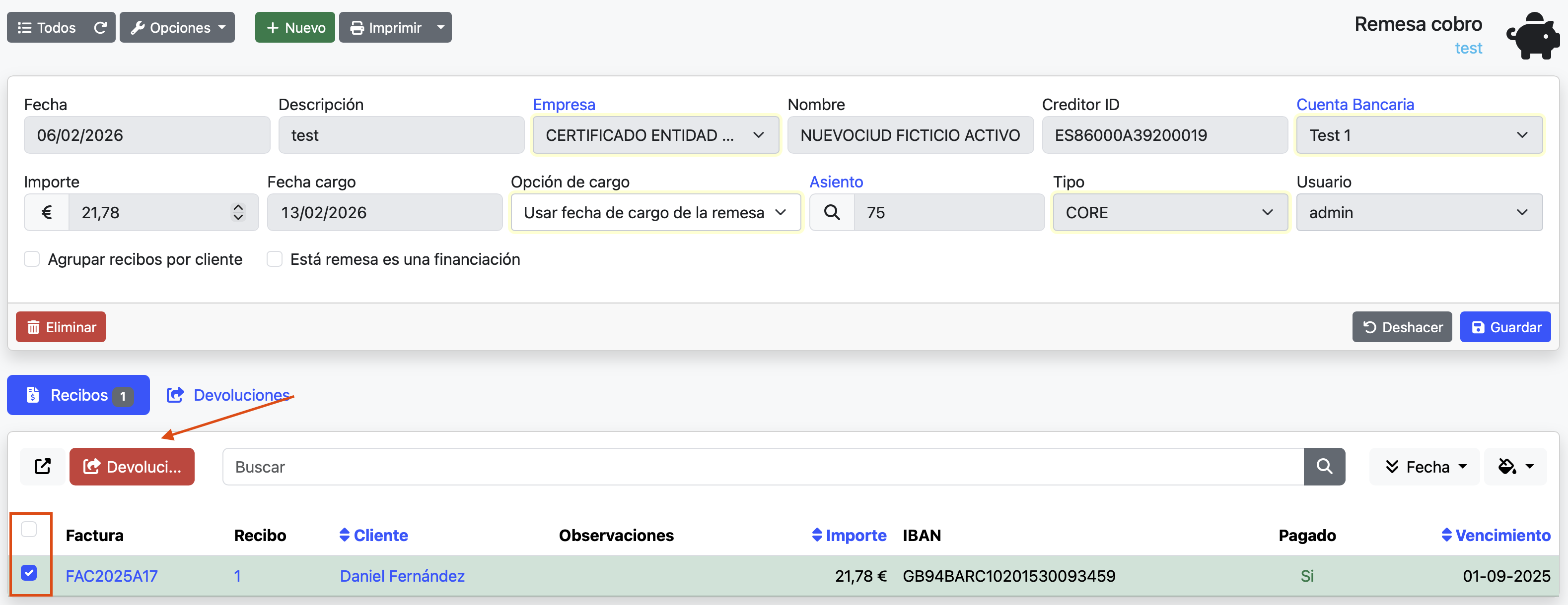 marcar recibos para devolver