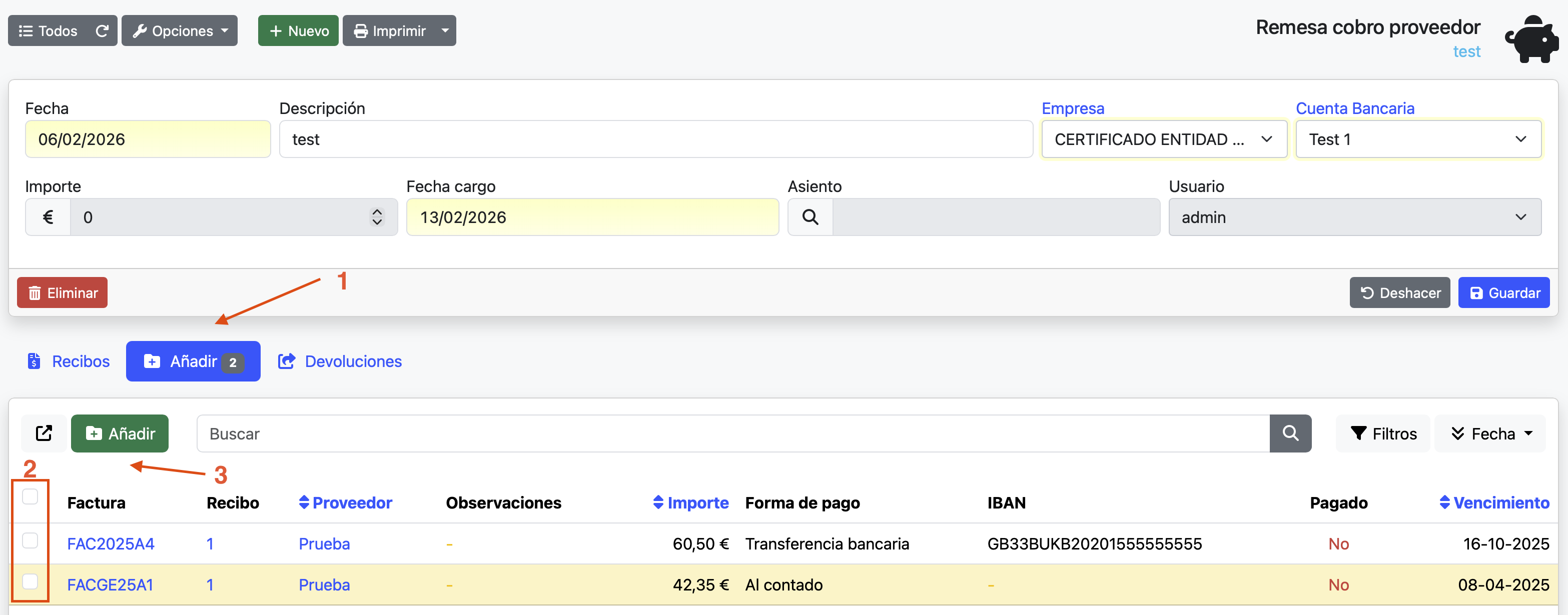 añadir recibos a una remesa