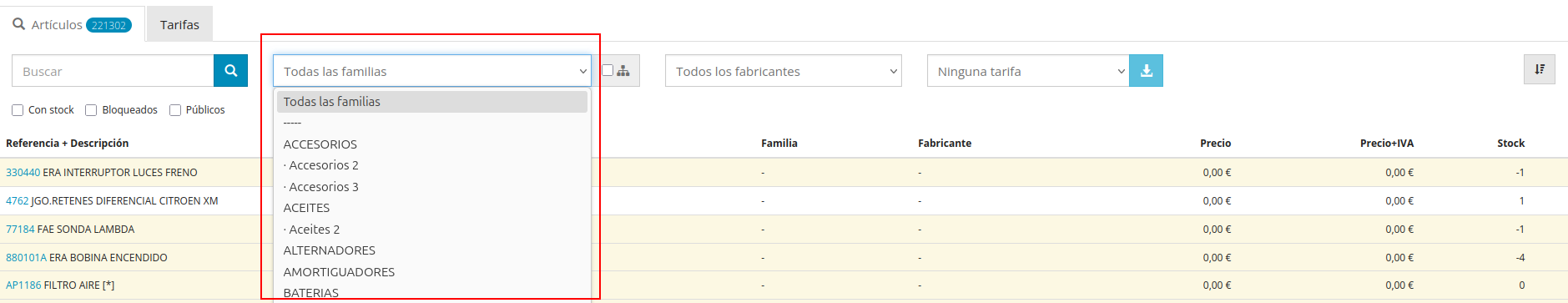 filtro de familias y subfamilias