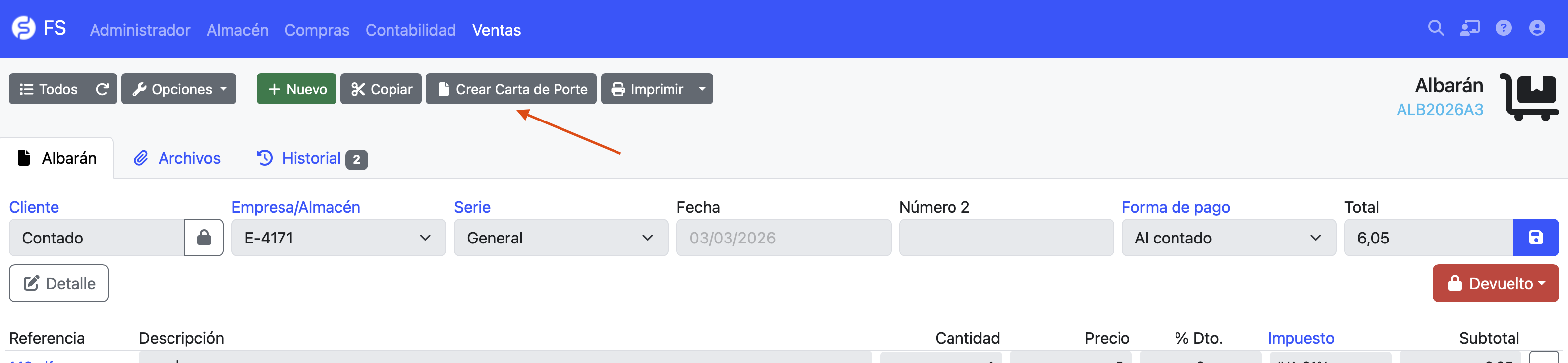 crear carta de porte desde el albarán
