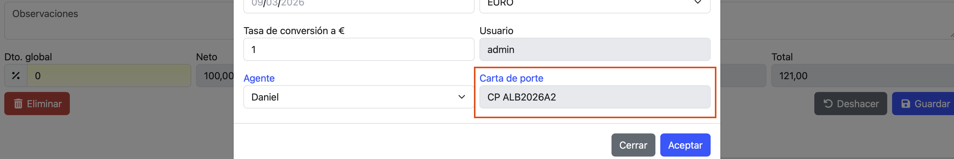 ver carta de porte desde el albarán