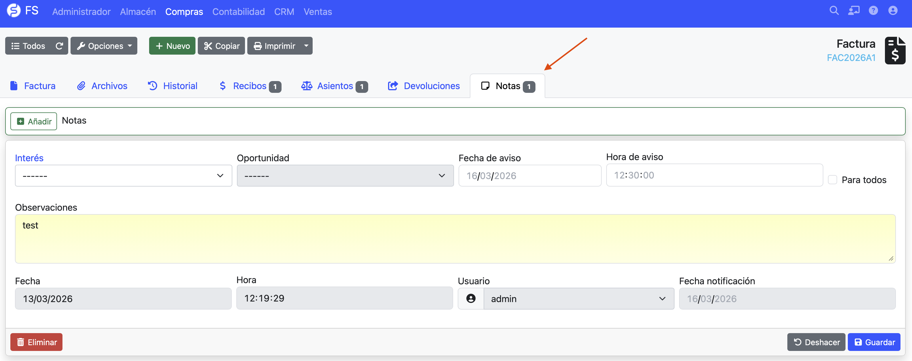 notas en documentos de compra y venta