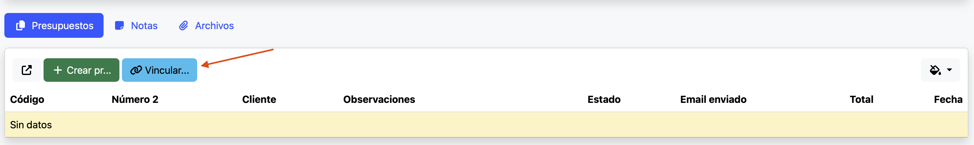 botón para vincular un presupuesto existente a la oportunidad