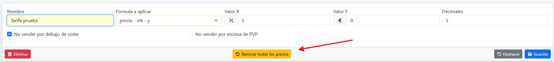 CAPTURA 1: Vista de la tarifa con el botón amarillo "Reiniciar todos los precios" visible en la barra de acciones