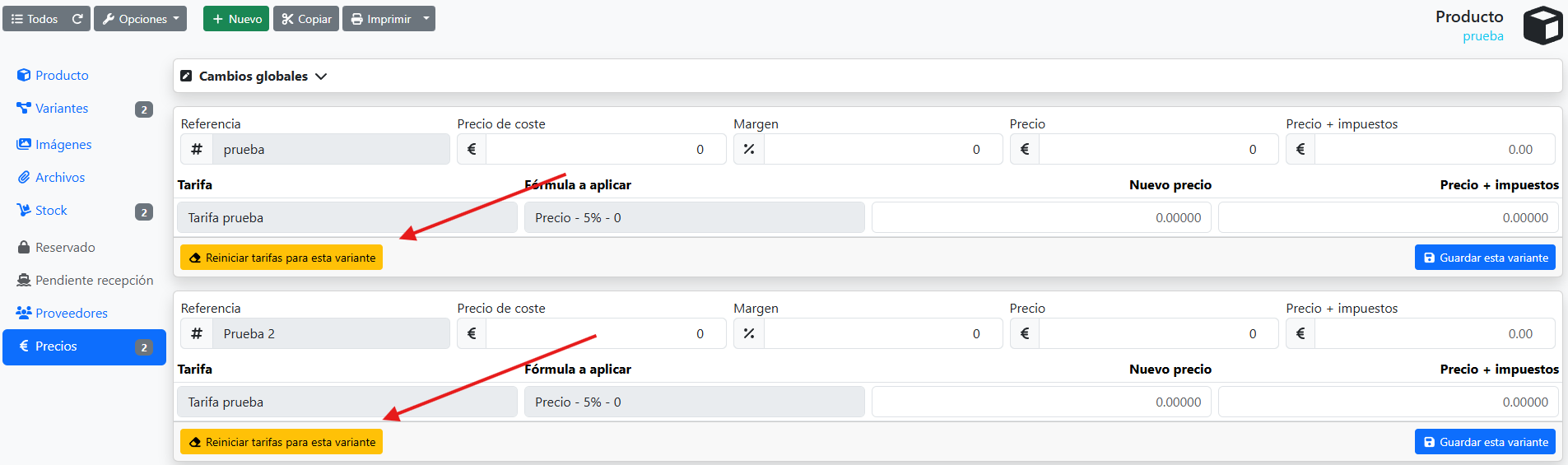 CAPTURA 3: Pestaña "Precios" de un producto, con la tabla de tarifas y el botón de reset visible en una variante