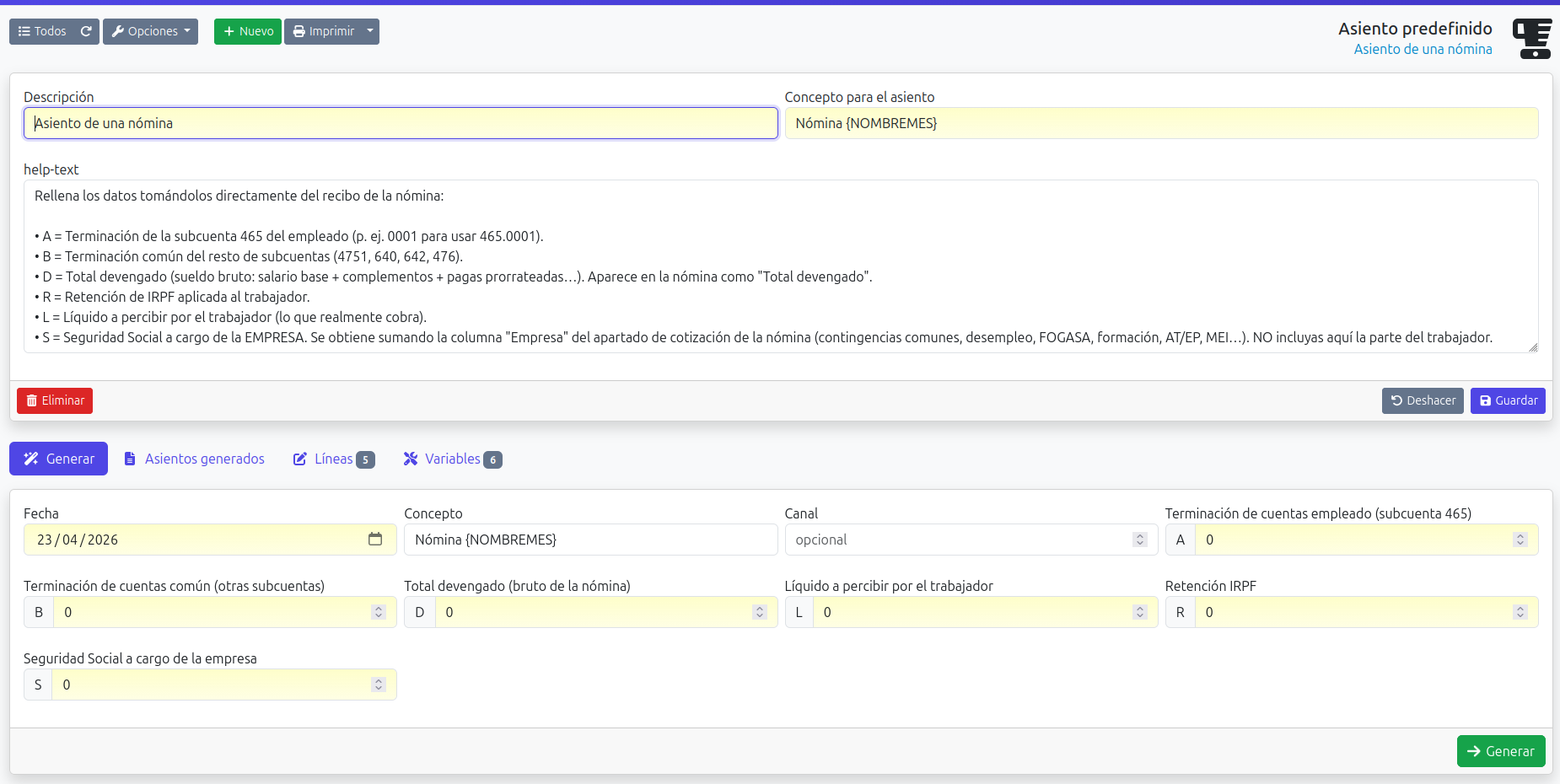 nuevo asiento nomina