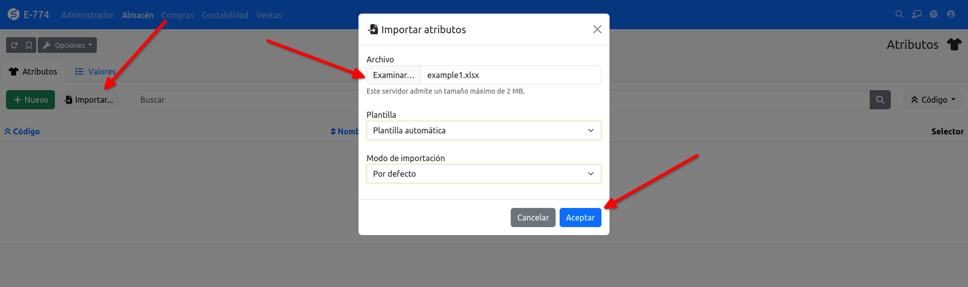Imagen con la vista del panel de importar