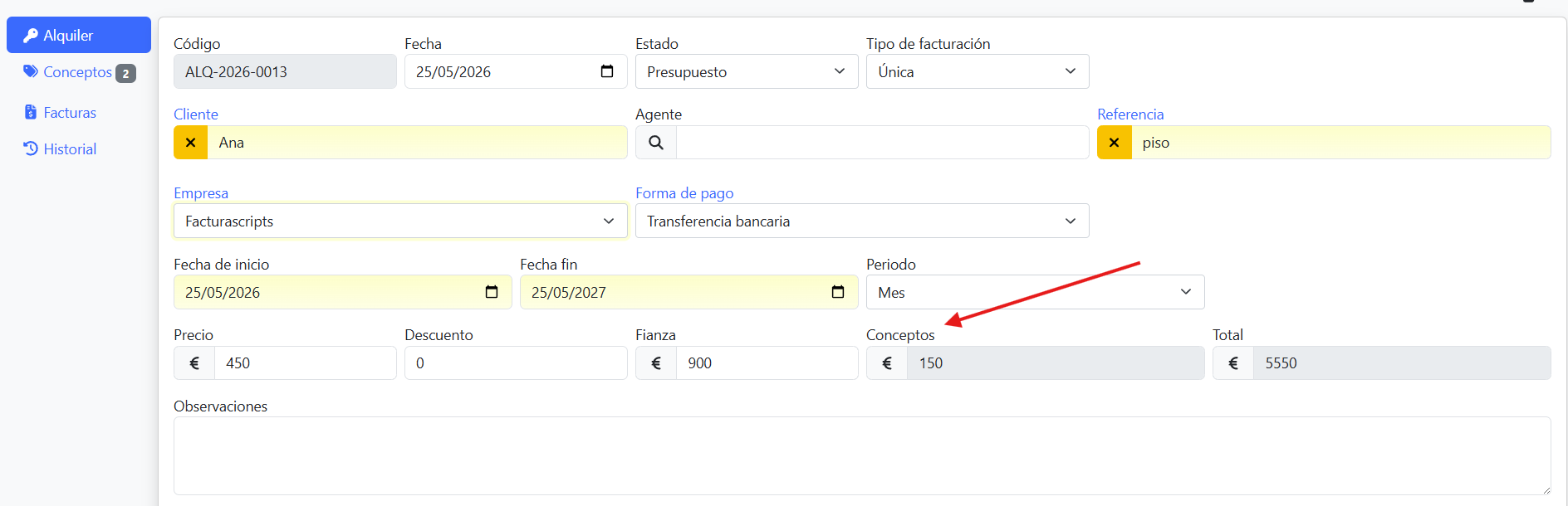 COnceptos en presupuesto