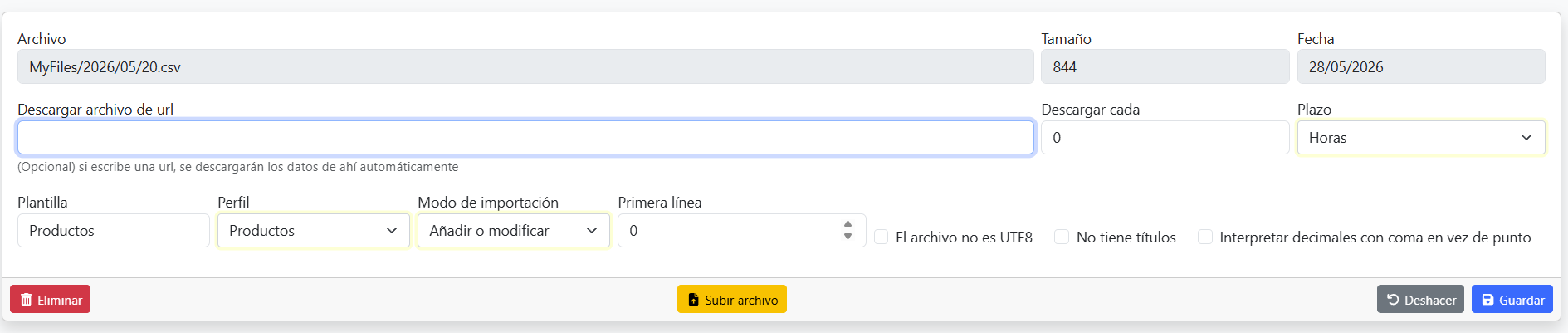 Formulario de nueva plantilla con los datos rellenos
