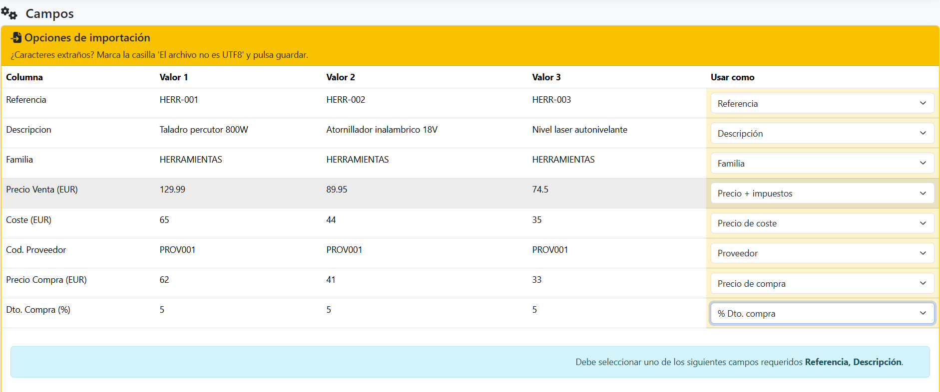 Tabla de mapeo con todos los desplegables configurados