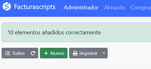 Mensaje de éxito tras la importación