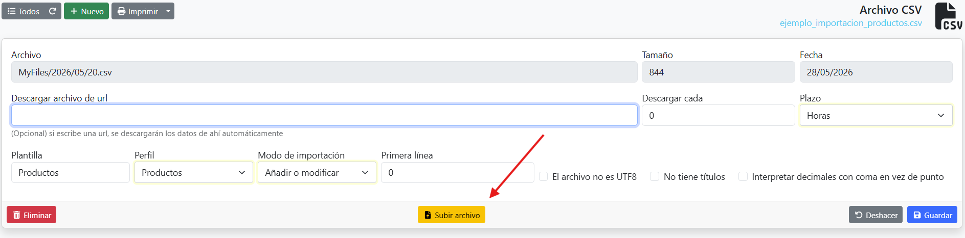 Botón Subir archivo en la barra de acciones