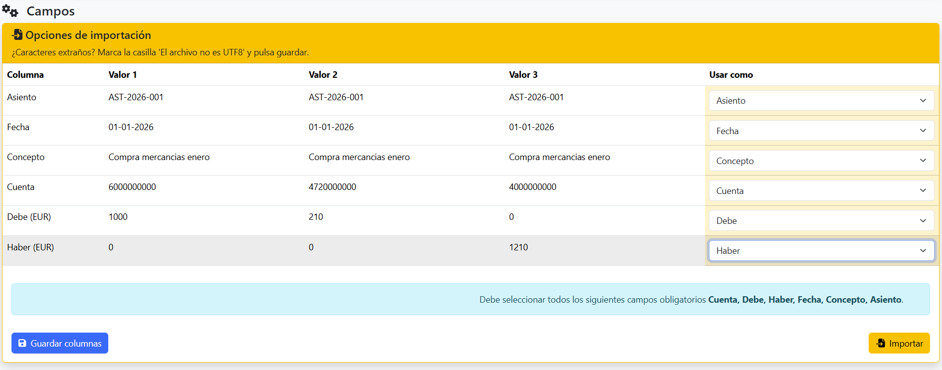 Tabla de mapeo con todos los desplegables configurados