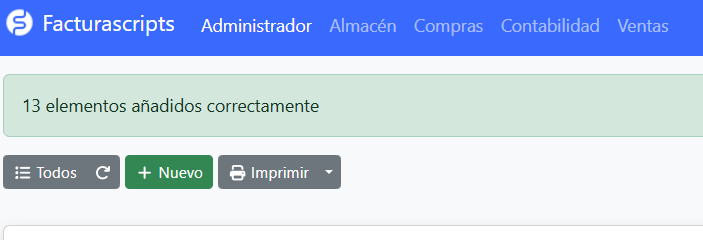 Mensaje de éxito tras la importación