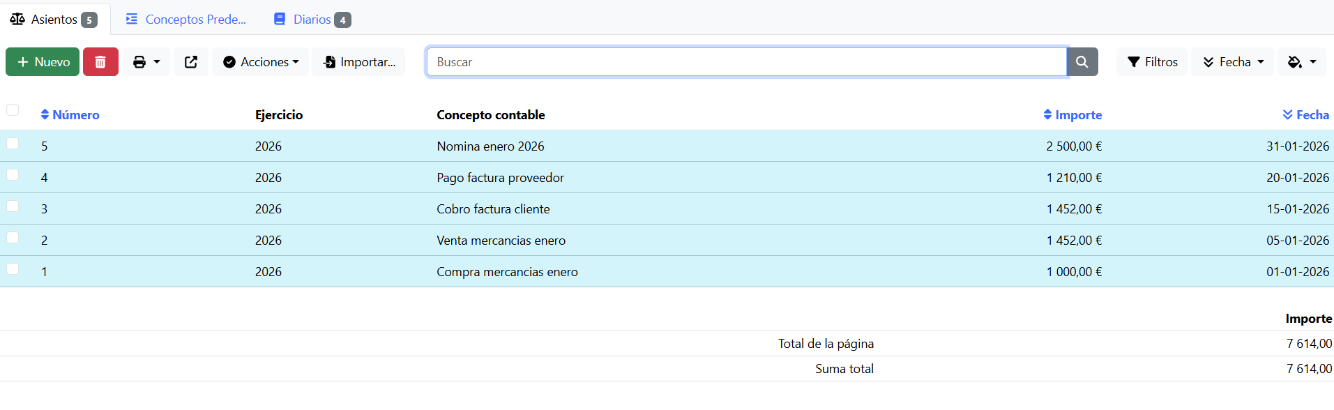 Asiento importado con sus partidas en FacturaScripts