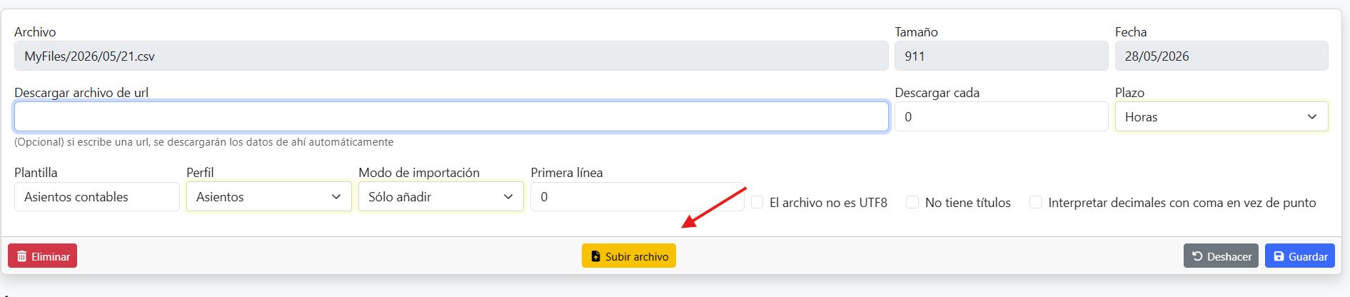 Botón Subir archivo en la barra de acciones