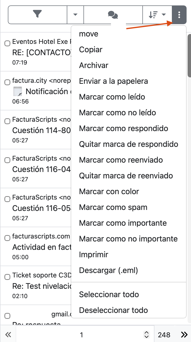 opciones individuales de los emails en lista