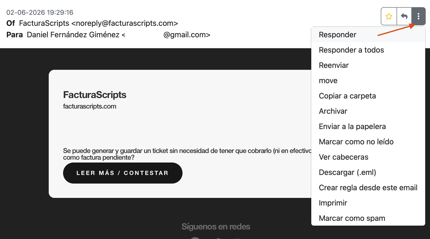 opciones del email individual