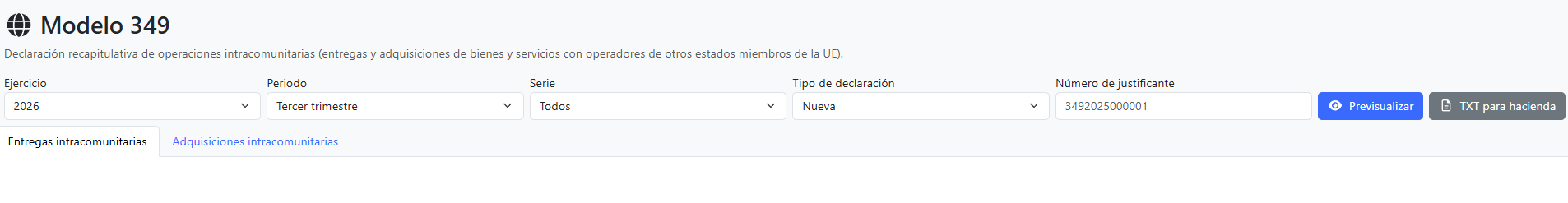 Formulario con los filtros del modelo 349