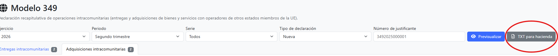 Botones de previsualizar y descargar el fichero TXT