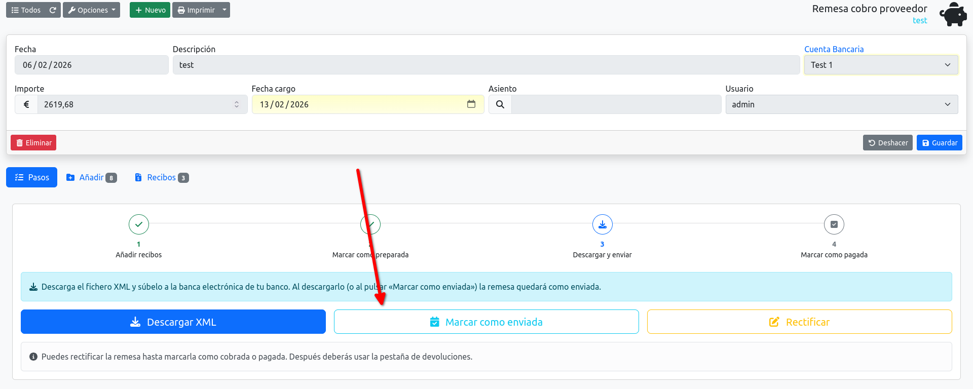 marcar remesa como enviada al banco