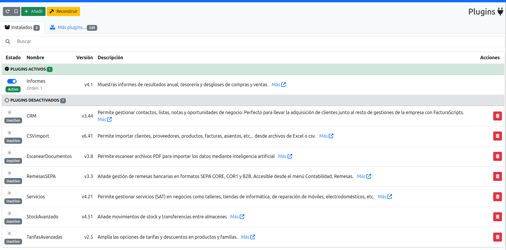rediseño página administrar plugins