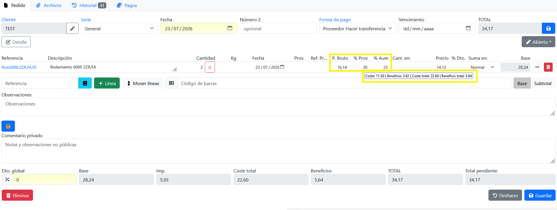 Tooltip mostrando precio de coste y beneficio y por cantidades