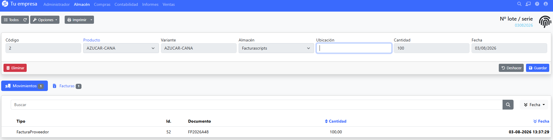 ficha de un lote con sus movimientos