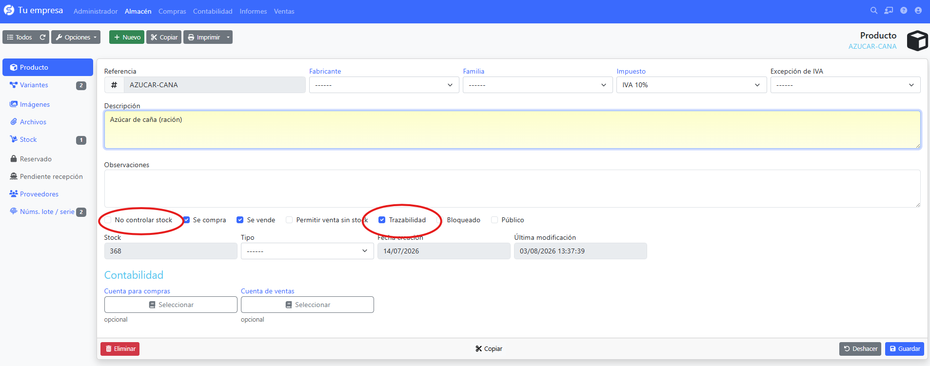 activar trazabilidad en un producto
