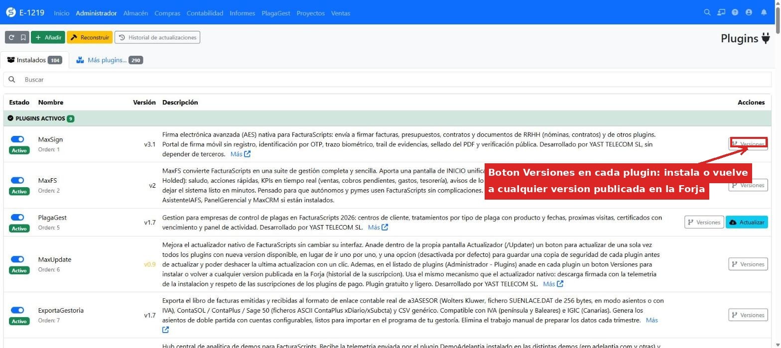 Boton Versiones en el listado de plugins
