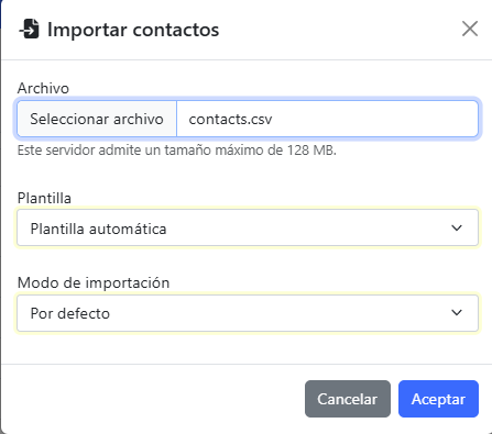 seleccionar archivo csv de contactos