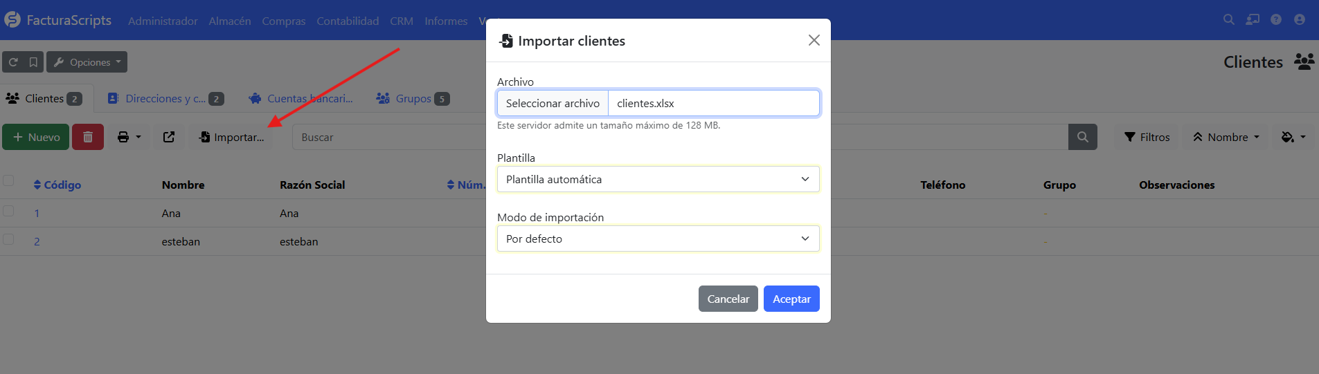 importar clientes excel