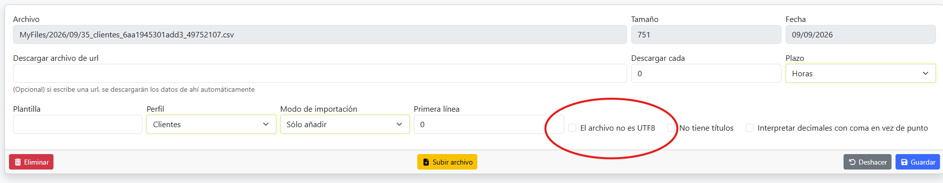 Ejemplo de caracteres extraños al importar