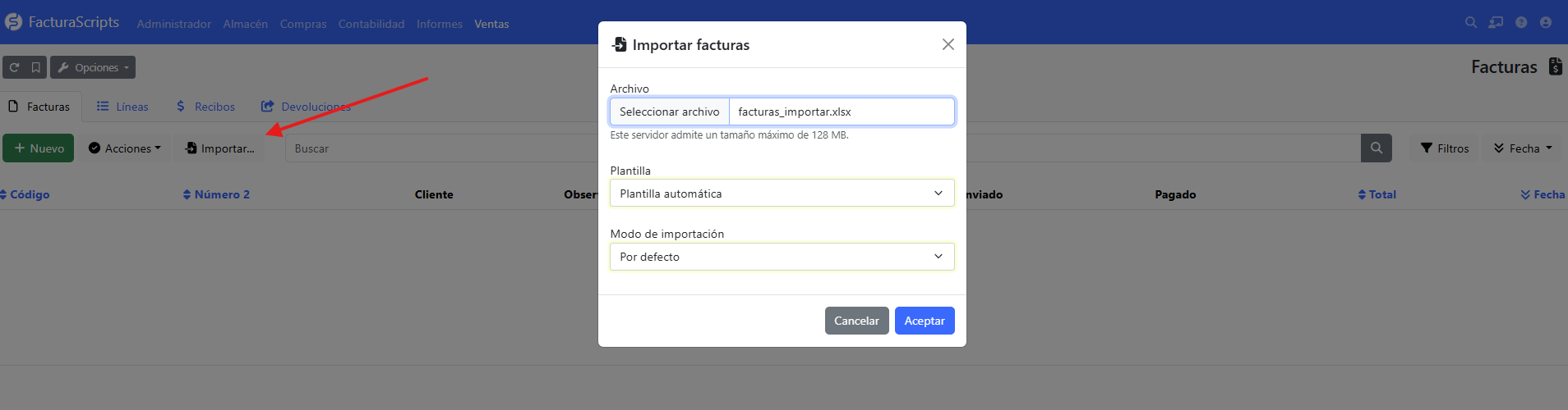 importar facturas excel