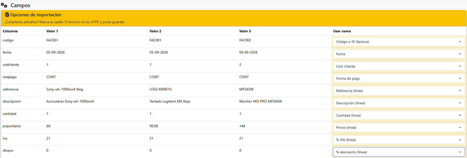 seleccionar campos importacion productos