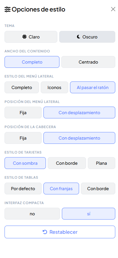 Panel "Opciones de estilo" abierto por el cliente