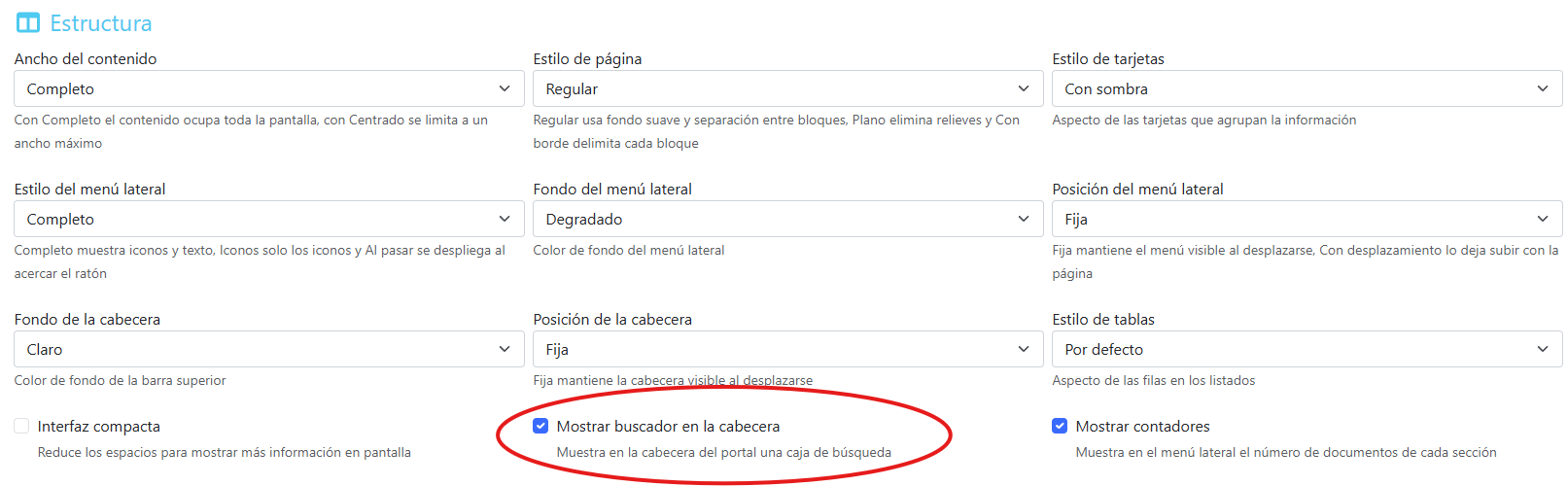 Opción "Mostrar buscador en la cabecera" en el panel de control