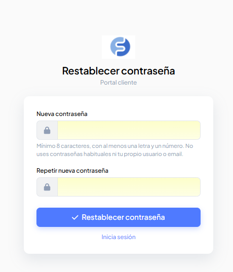 Formulario para establecer la nueva contraseña tras pulsar el enlace de recuperación